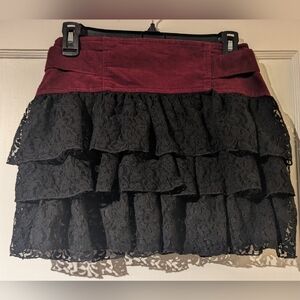Motivi Burgundy Boho Cotton Lace Festival A-Line Layered Ruffle Mini Skirt Sz 2